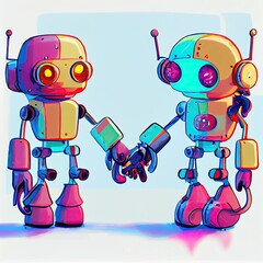 Two robots holding hands