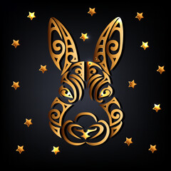 Golden rabbit head with stars on black background. Symbol of 2023 New Year. Vector illustration.