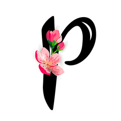 Hand drawn letter P with spring pink flowers isolated on white background. Vector illustration.