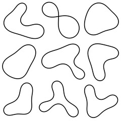 Organic abstract random blob shapes in minimal black line design. Fluid irregular forms elements outline. Liquid blotch silhouettes, frame water,  bubble outline, irregular oval, random shapes.