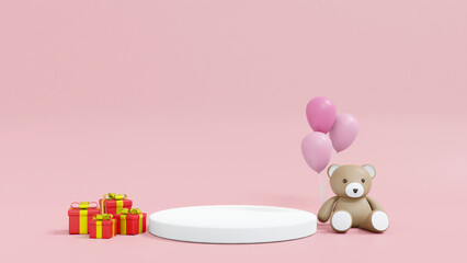 Podium for displaying kid products. Decorate with red gift boxes and cute brown bear holding pink balloons. 3D illustration rendering.