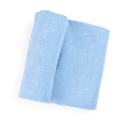 Fototapeta na wymiar Light blue soft terry towel isolated on white, top view