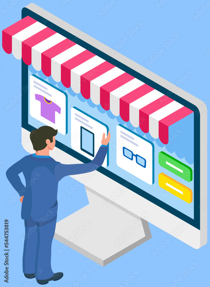 Poster businessman using computer for online trading, internet shopping. form of e-commerce allows consumer