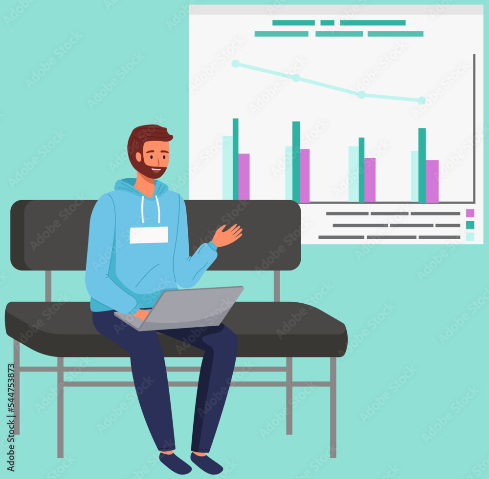 Poster manager analyzes data scene. male character researching statistics from charts. optimization strateg