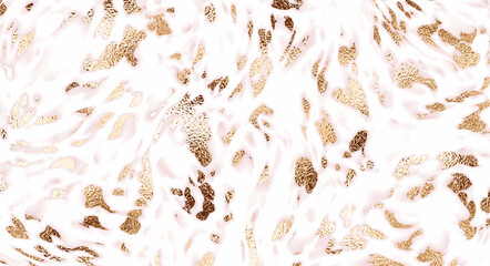 Leopard print background design with natural animal texture and gold splatter. © NikaMooni
