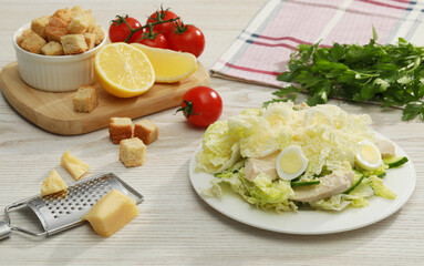 Delicious salad with Chinese cabbage, eggs and meat served on wooden table