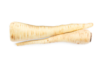 Tasty fresh ripe parsnips on white background, top view