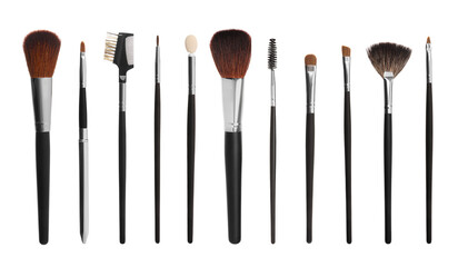 Set with different makeup brushes for applying cosmetic products on white background. Banner design