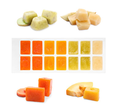 Set with different frozen puree in ice cube trays and ingredients on white background
