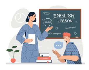 English study concept. Woman at blackboard in classroom explains homework to student. Education and training. Greeting card for September 1, Day of Knowledge. Cartoon flat vector illustration