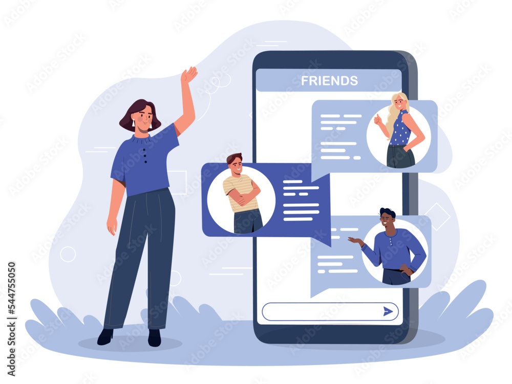 Poster messages with friends. woman next to big smartphone. communication in social networks and interactio
