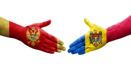 Handshake between Moldova and Montenegro flags painted on hands, isolated transparent image.