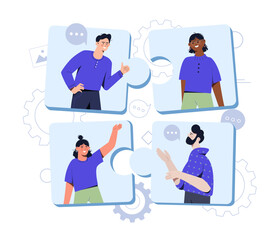 Team members concept. Men and women in puzzles. Partnership, cooperation and collaboration. Remote employees and freelancers, coworking and video conference. Cartoon flat vector illustration