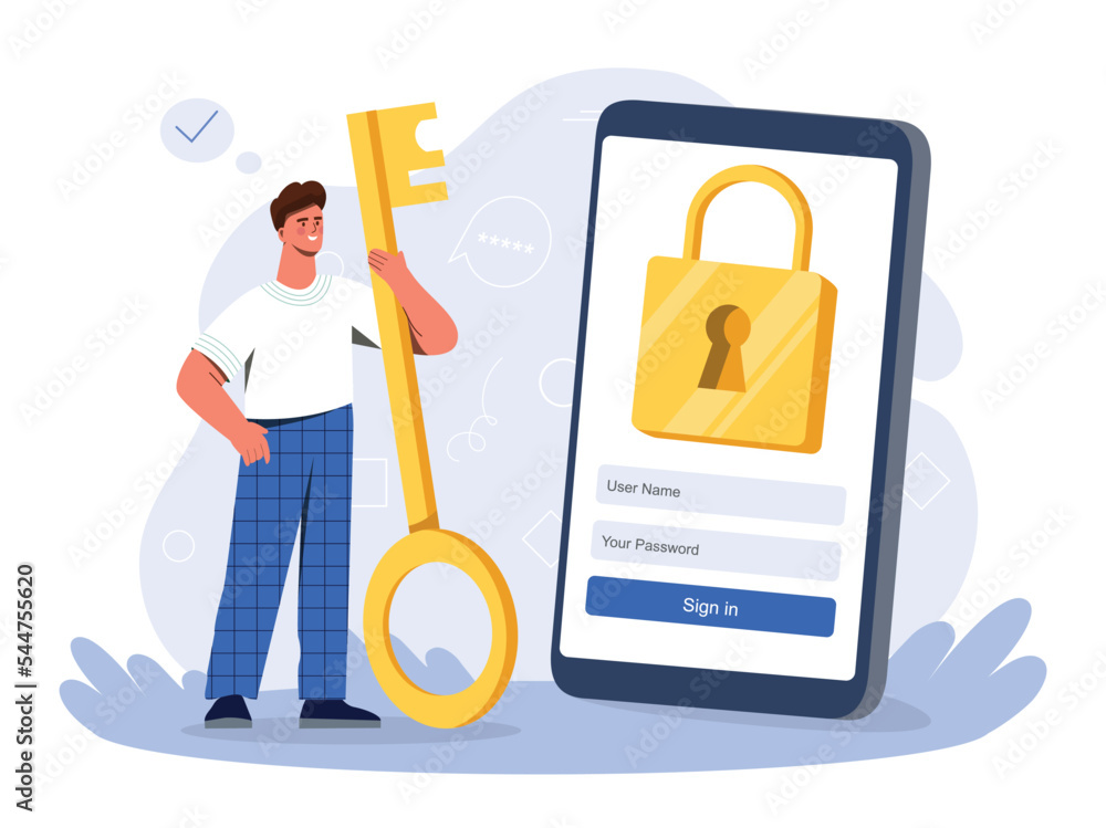 Poster man with password. young guy with key stands in front of smartphone with lock. internet security, au