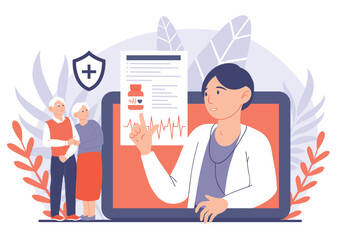 Doctor helps elderly patients. Young guy makes diagnosis and prescribes pills, drugs and chooses treatment method. Online consultant and assistant, specialist. Cartoon flat vector illustration