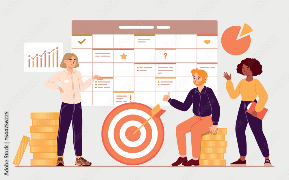 Poster idea concept for business. man and woman next to target on background of calendar. time management a