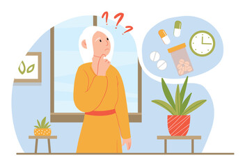 Memory loss disorientation. Elderly woman forgot where pills. Dementia and Alzheimer. Health concerns and problems with memory and cognitive abilities of brain. Cartoon flat vector illustration