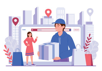 Sale online service. Woman stands with packages and looks at screen as courier with box in her hands. Transportation and logistics, shopping and home delivery. Cartoon flat vector illustration