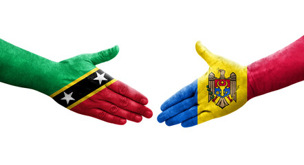 Handshake between Moldova and Saint Kitts and Nevis flags painted on hands, isolated transparent image.