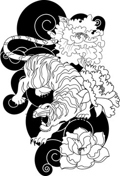 Doodle art style tiger face with cherry flower and rising sun tattoo.Tiger  traditional tattoo.Line art tiger with sakura and Hibiscus flower tattoo.