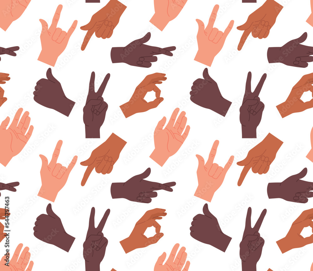 Poster hand gestures seamless pattern. repeating design element for printing on fabric. collection of human