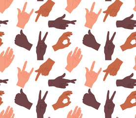 Hand gestures seamless pattern. Repeating design element for printing on fabric. Collection of human hands, set of stickers for social media. Reactions and emotions.