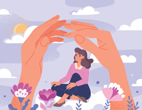 Psychology support concept. Woman sits on cloud next to big hands. Psychology and mental health, awareness and mindfulness. Support and love, optimism and positivity. Cartoon flat vector illustration