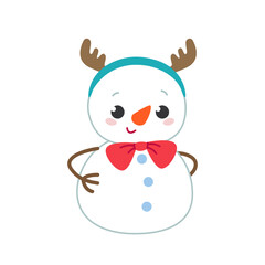Cute happy snowman in a headband with deer antlers. Christmas character. Colored flat vector illustration of a cute snow baby isolated on white background.