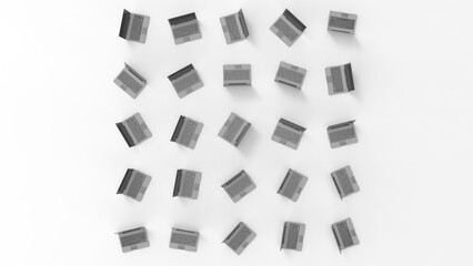 Many notebooks oriented in various directions on white board under white lighting background.
Concept 3D CG of project role assignment, diversity of attendance patterns and multitasking method.