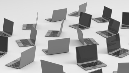 Many notebooks oriented in various directions on white board under white lighting background.
Concept 3D CG of project role assignment, diversity of attendance patterns and multitasking method.