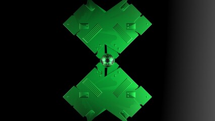 Metallic Black-Green Soccer ball on Metallic Green Mechanical Plates. 3D illustration. 3D CG. High resolution.
