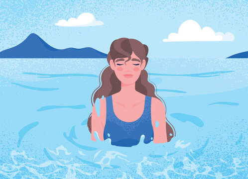 Summer rest concept. Woman in swimsuit bathes in sea or ocean, happy character. Travel and tourism, vacation and holiday metaphor. Poster or banner for website. Cartoon flat vector illustration