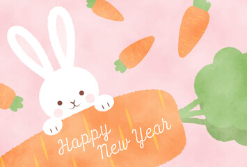 new years greeting card with carrots and a rabbit, the Chinese or Japanese zodiac sign for 2023
