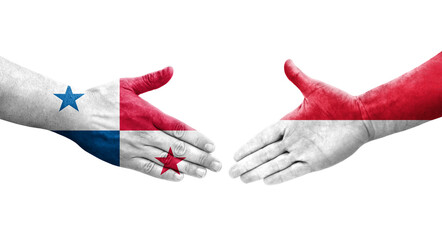 Handshake between Monaco and Panama flags painted on hands, isolated transparent image.