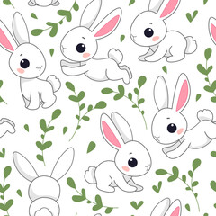 Seamless pattern with cute white rabbits or hares on a white background and plants. Vector fairy tale illustration in a minimalistic flat style, hand drawn. Print for children.