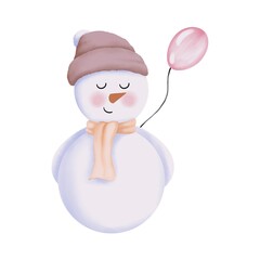Watercolor snowman with pink beanie hat and orange scarf. Watercolor winter illustration isolated on white background.Christmas celebration cards. Winter new year design.
