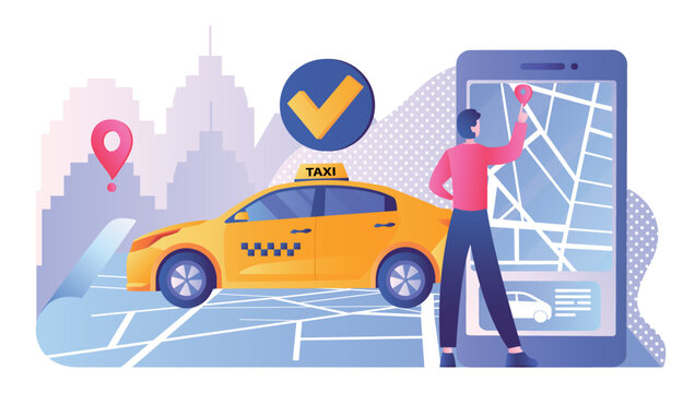 Taxi service concept. Young guy with smartphone next to yellow car. Route planning, navigation and logistics, GPS. Program and application for ordering transport. Cartoon flat vector illustration