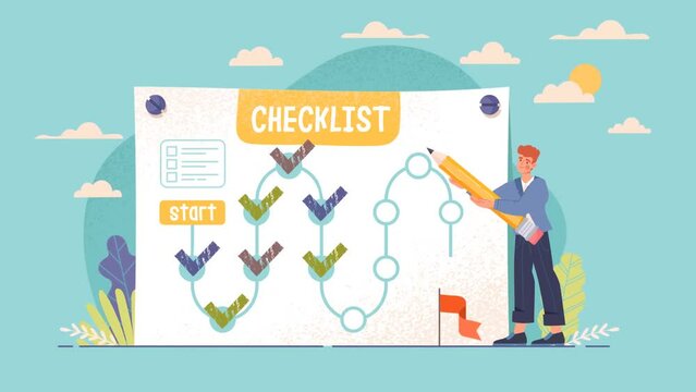 Effective time management. Moving male entrepreneur makes checklist or list of tasks to overcome business obstacles and achieve success. Plinning and productivity. Flat graphic animated cartoon