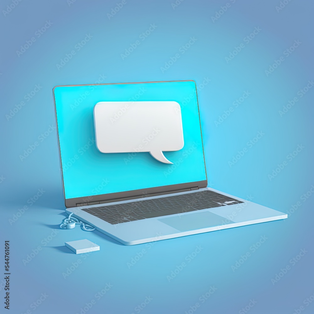 Poster 3d laptop with speech bubble message and bell notification. online chatting via computer. social med