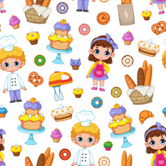 Seamless pattern with cute kids chefs or bakers, cakes, pastries, profession on a white background. Vector fairy tale illustration in a minimalistic flat style, hand drawn. Print for children.