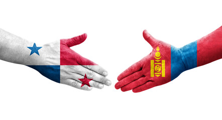 Handshake between Mongolia and Panama flags painted on hands, isolated transparent image.