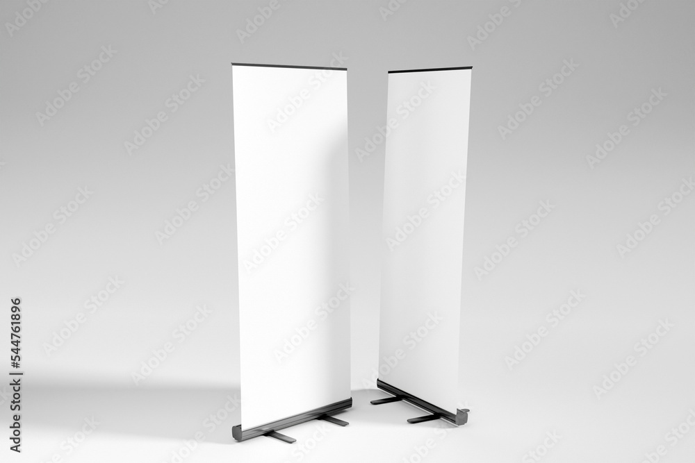 Canvas Prints two blank white roll-up banner display mockup, isolated, 3d rendering.