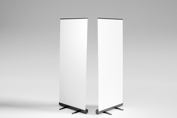 Blank white roll-up banner display mockup, isolated, 3d rendering.