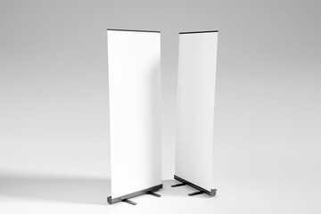 Two blank white roll-up banner display mockup, isolated, 3d rendering.