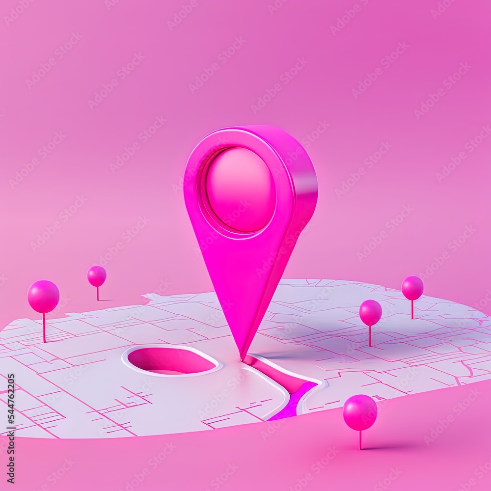Poster pink location 3d icon on position place map navigation background with pastel direction pin point sy