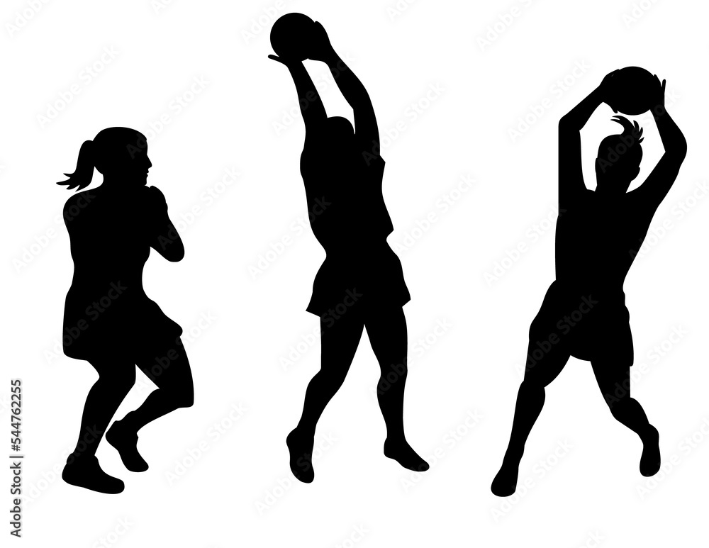 Poster illustration of a netball player catching with ball in background