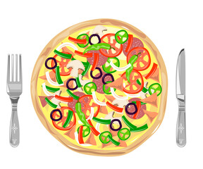pizza pie with knife and fork