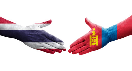 Handshake between Mongolia and Thailand flags painted on hands, isolated transparent image.