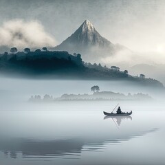 man riding boat in a foggy winter morning infront of a beautiful mountain in lake in bangladesh
