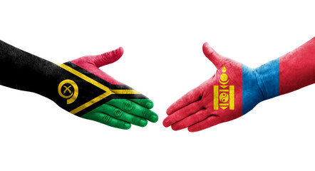 Handshake between Mongolia and Vanuatu flags painted on hands, isolated transparent image.